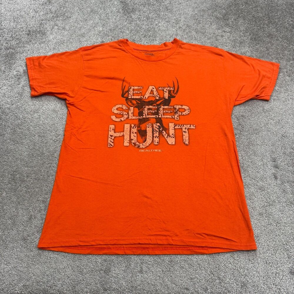 Ranger RZ Real Tree Eat Sleep Hunt Deer Graphic T-Shirt Mens Large Orange Tee
